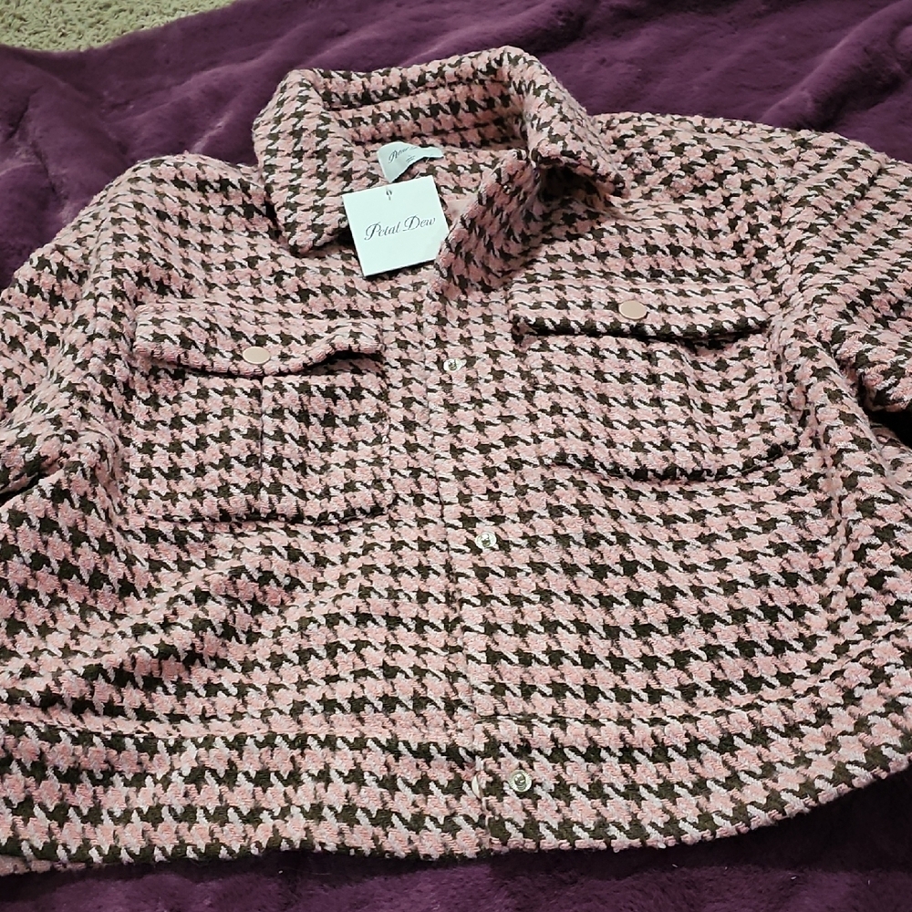 Pixel Dew Women's Houndstooth Blazer in Pink and Black
